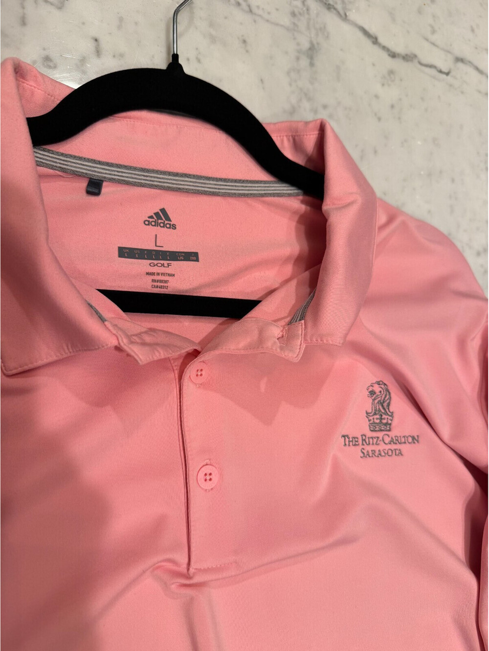 Mens Large Polo Adidas Pink Ritz Carlton Members Club Golf Shirt Dry Fit.